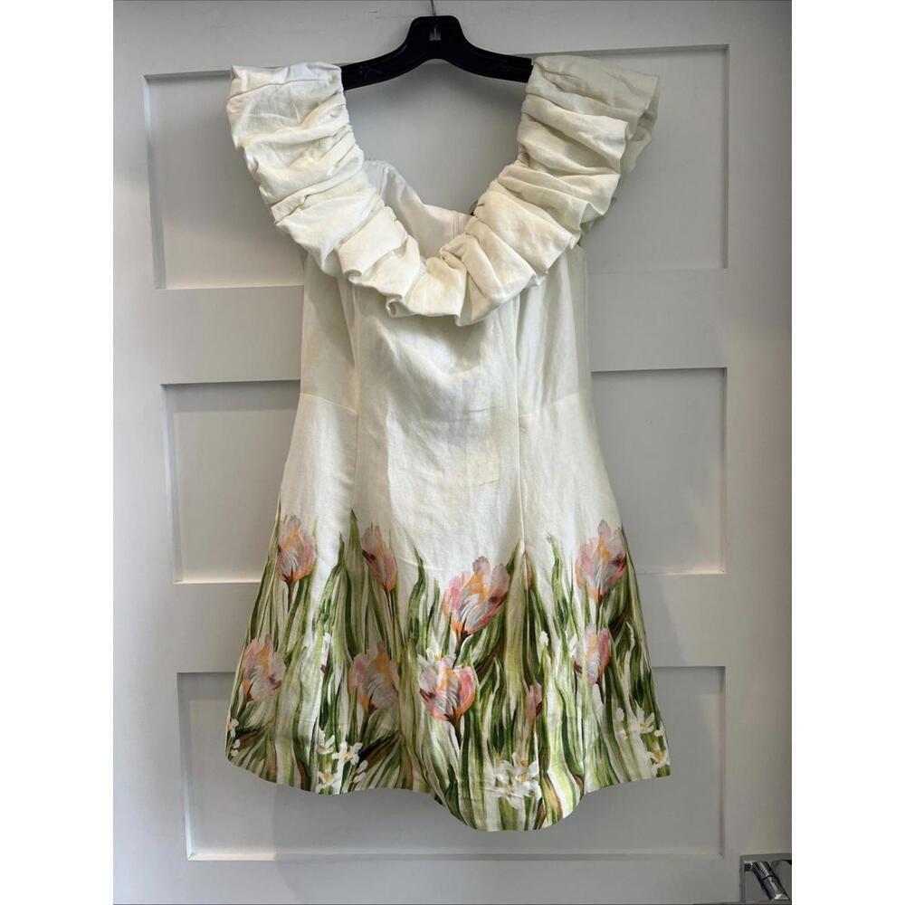 $495 Nicholas The Label Uma Ruffed Off The Shoulder Mini Floral Dress Size 2 - Picture 6 of 14